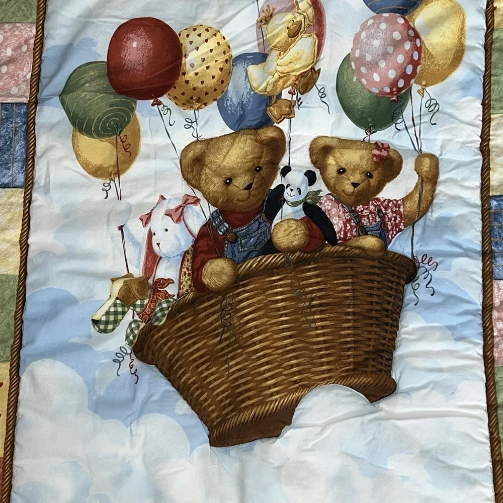 Vtg Blue Jean Teddy Bear Blanket Quilt Hot Air Balloon Baby Nursery Wall 41 X 30